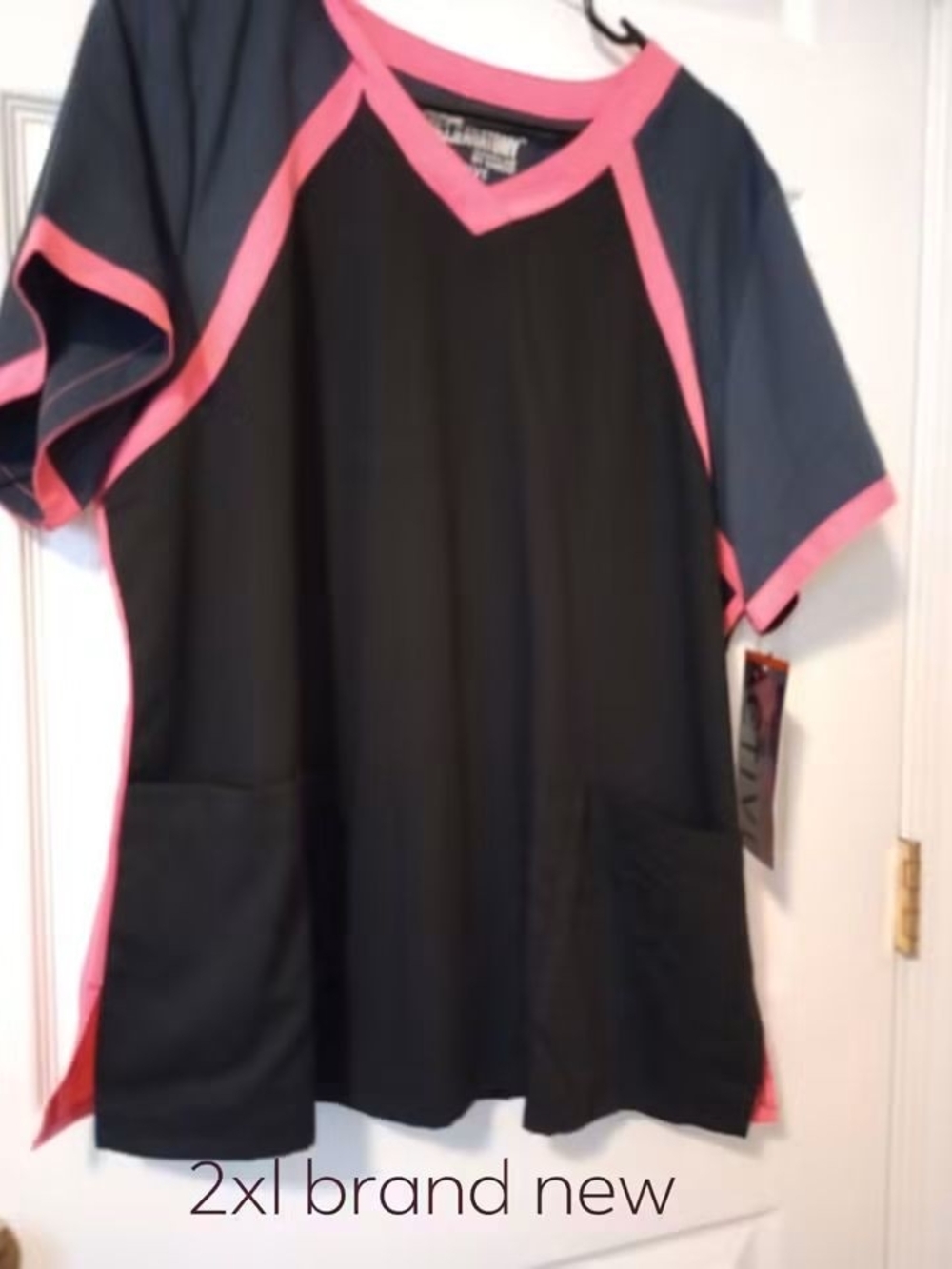 Grey's Anatomy Black Short Sleeve Scrub Top with Pink Trim